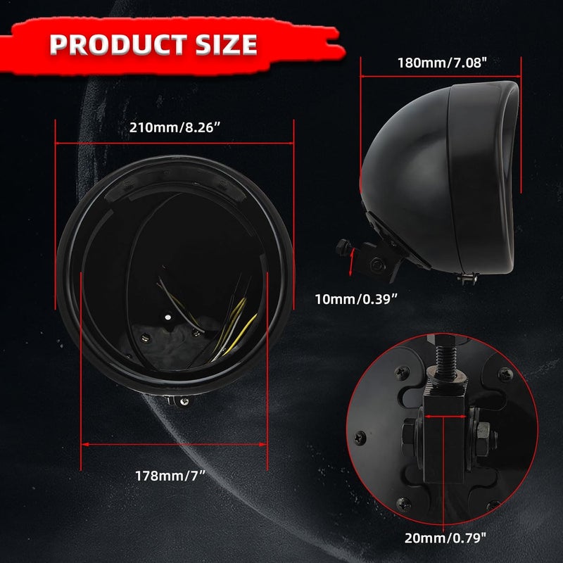 FATECIM Motorcycle 7" Round Headlight Bucket Housing with Visor 7 Inch LED Headlamp Shell Protective Cover Heavy Duty Universal for Harley Kawasaki Honda Yamaha Suzuki Chopper Cafe Racer Bobber Black - Image 4